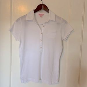 Lily Pulitzer white cotton polo style t-shirt with pink stitching n buttons